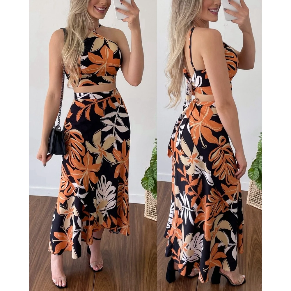 Women Floral Print Spaghetti Strap Top & Tied Detail Midi Skirt Sets Female Casual Two Piece Dress Sets For Woman Summer Clothes 90s sweet plaid dress summer za women simple slim spaghetti strap dresses 2023 cottagecore plus size braces skirt bottom bodycon