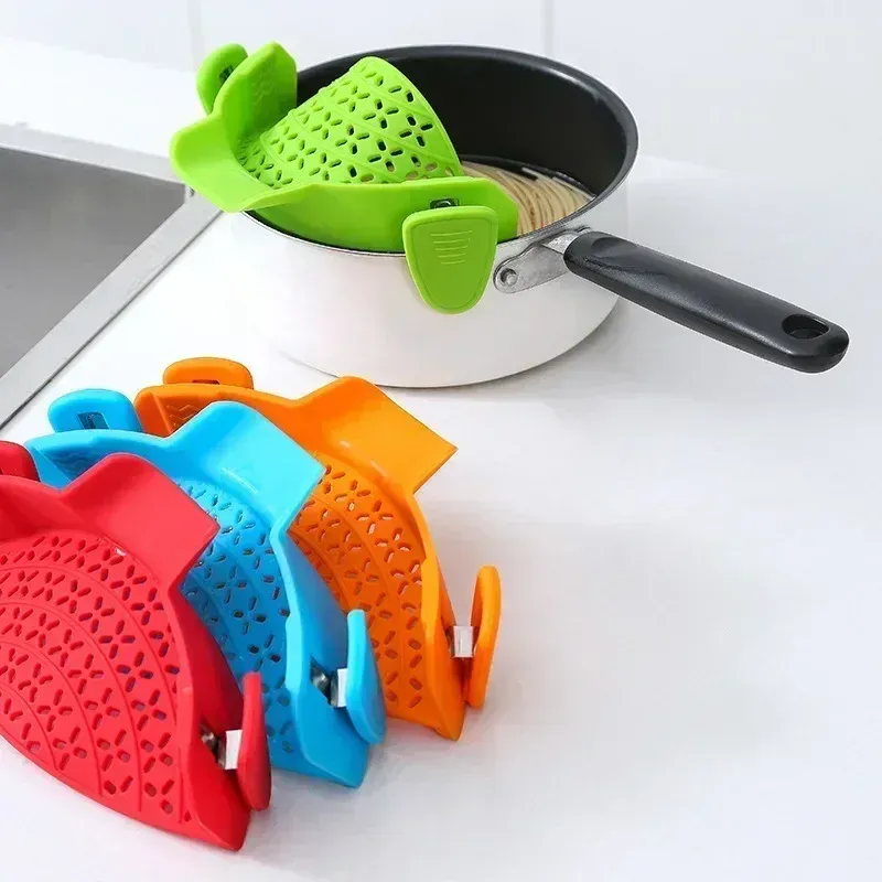 Universal Clip on Pasta Strainer Collapsible Silicone Snap on Food Drainer Kitchen Anti-spill Rice Fruit Colander Pots Pans Bowl