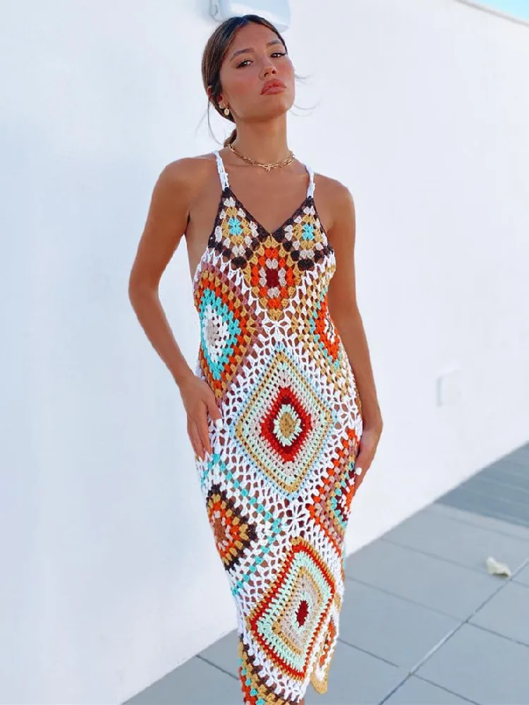 Abito Lungo All'uncinetto Da Spiaggia Per Donna | Copricostume In Maglia Traforata, Schiena Scoperta | Morbido E Traspirante, Vita Regolabile