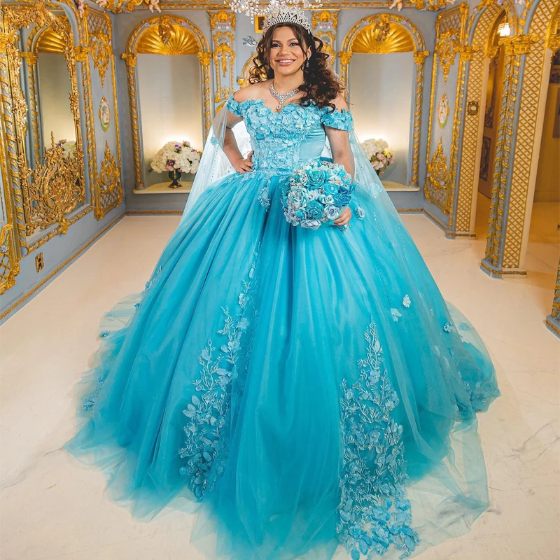 

Sky Blue Quinceañera Dresses With Cape Off Shoulder Applique Lace Flower Tull Corset vestidos debutantes 15 anos