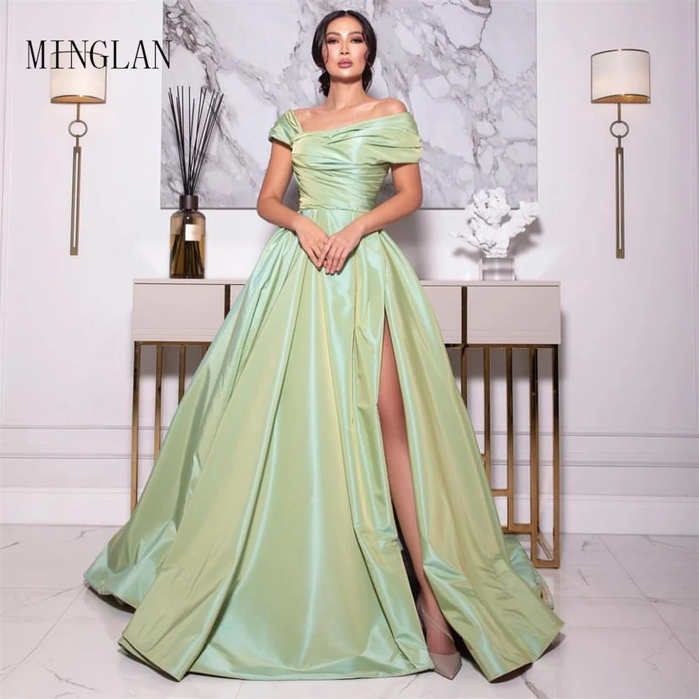 

MINGLAN Elegant Off The Shoulder Sleeveless A Line Long Prom Dress Pleat High Slit Evening Gown New 2023 فساتين مناسبة رسمية