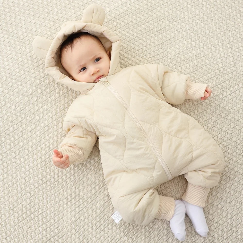 Winter Newborn Clothes Baby Jumpsuit Plush Thickened Baby Hooded Jacket For Outdoor Warmth Boys Girls Jumpsuits