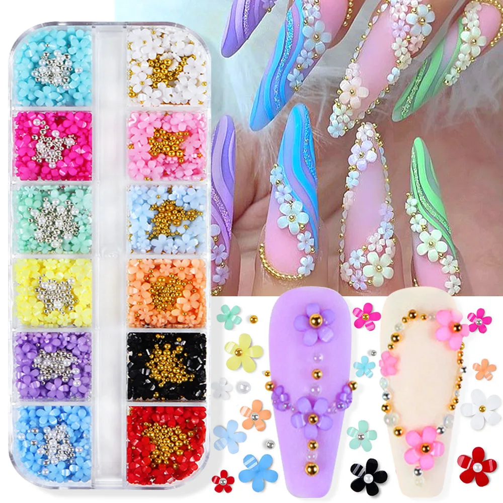 12 Grids 3d Acrylic Flower Nail Parts Decoration Mixed Steel Beads Gems  Charms Kawaii Nail Supplies For Professional Accessories - Rhinestones &  Decorations - AliExpress