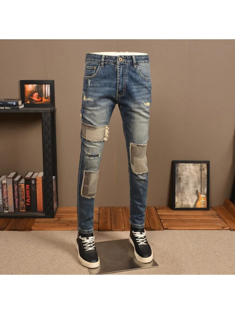 Retro Make Old Ripped Jeans Men\'s Street Handsome Slim Fit Skinny Stretch Cloth Patch High-End Casual Trousers