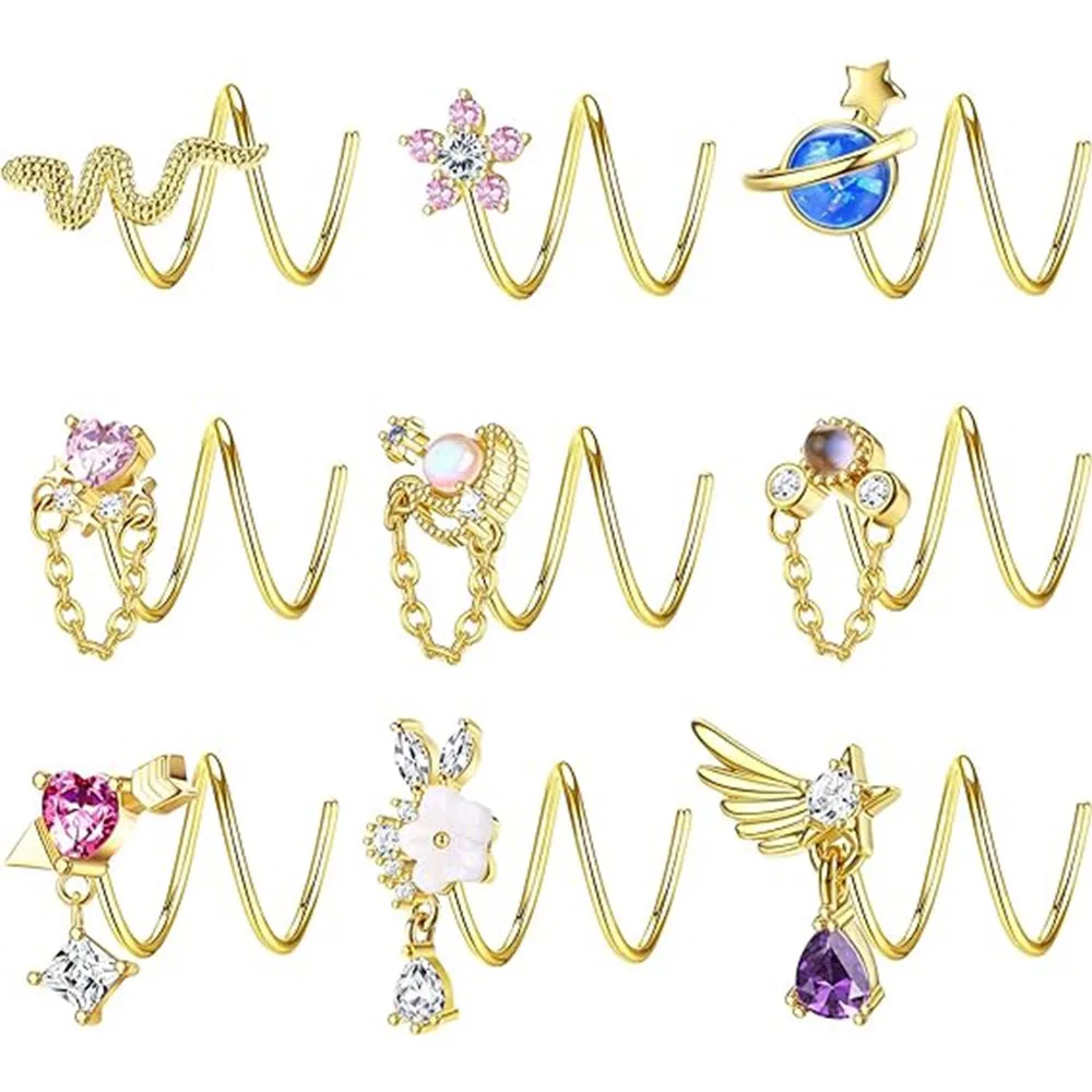 Drperfect 9Pcs Stainless Steel Dangle Double Nose Ring for Single Piercing Dangling Nose Spiral Hoops Double Earrings for Women