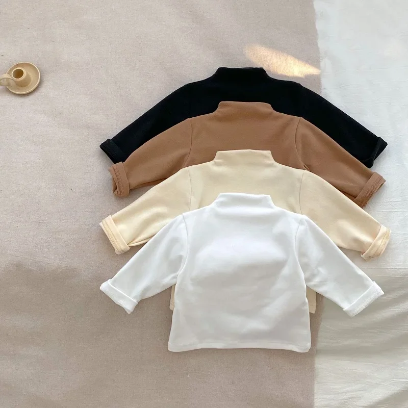 Casual Newborn Baby Boy Girl T-shirt Long Sleeve Mockneck Cotton Tee Shirt Solid Color Soft Eastic Basic Tops Autumn Clothes