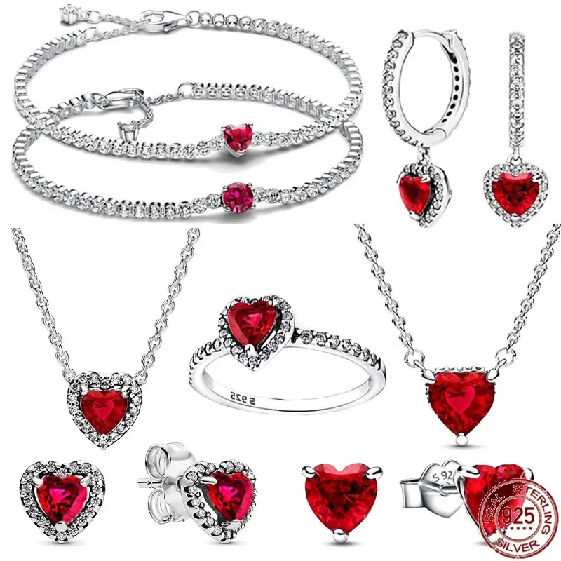 

Лидер продаж, Классические блестящие серьги из серебра 925 пробы в форме красного сердца, ювелирные изделия, браслеты, ожерелья, подходят для рукоделия, подарки