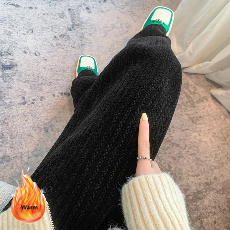 Winter Thick Wide Leg Pants Women Plus Velvet Corduroy Baggy Troousers Korean Fashion High Waist Elastic Baggy Pantalones 2024