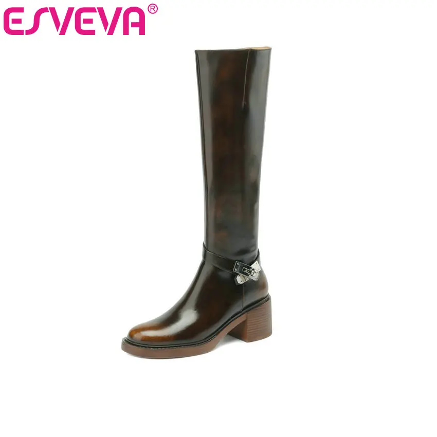 

ESVEVA/2024 г. Женские сапоги до колена из натуральной кожи осенне-зимние ботфорты на высоком каблуке с круглым носком женская обувь, размер 34-40