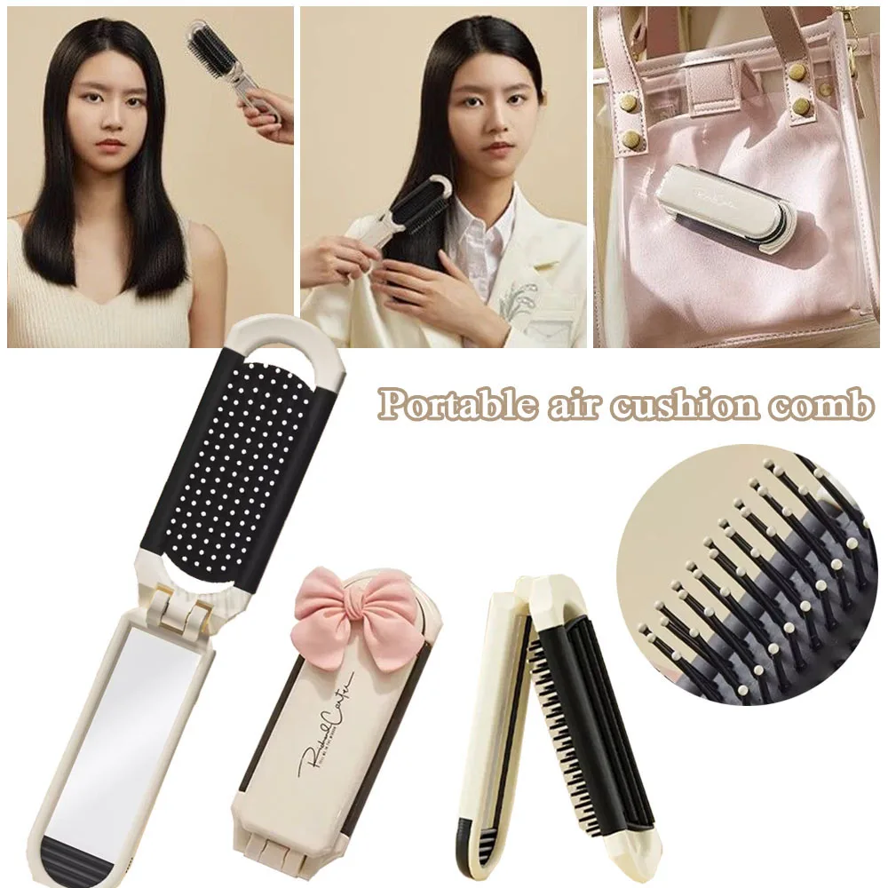 

Scalp Massage Hairbrush With Mirror Pocket Size Foldable Hair Comb Cushion Brush Hairdressing Salon Supply Styling Tool