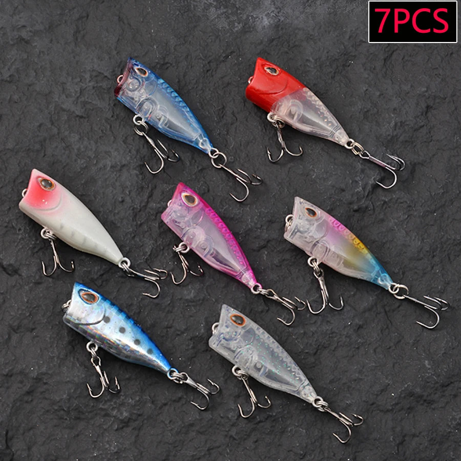 7PCS Mini Popper Crankbaits Fishing Lures Set 3d Eyes Fish Hard Bait Kit Artificial Wobblers For Trolling Pike Topwater Swimbait