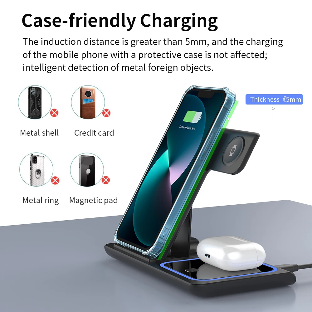 200W 3 in 1 Wireless Charger Stand Pad Foldable Fast Charging Station Dock For iPhone 16 15 14 13 12 11 X 8 Apple Watch Airpods 2
