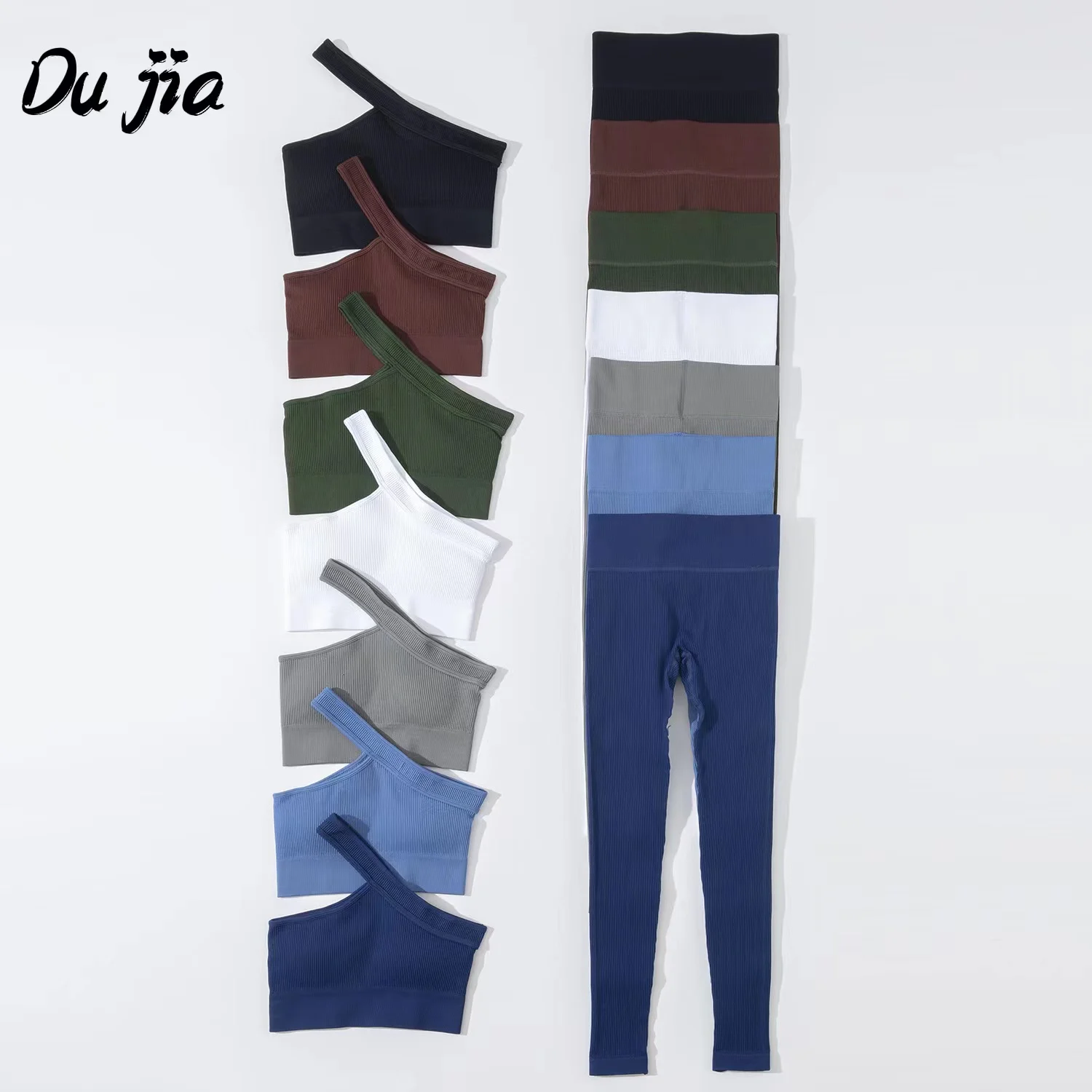 

7Colors Seamless Women Yoga Set Workout Sportswear Gym Ribbed Fitness One Shoulder Crop Top Bra High Waist Leggings Sports Suits