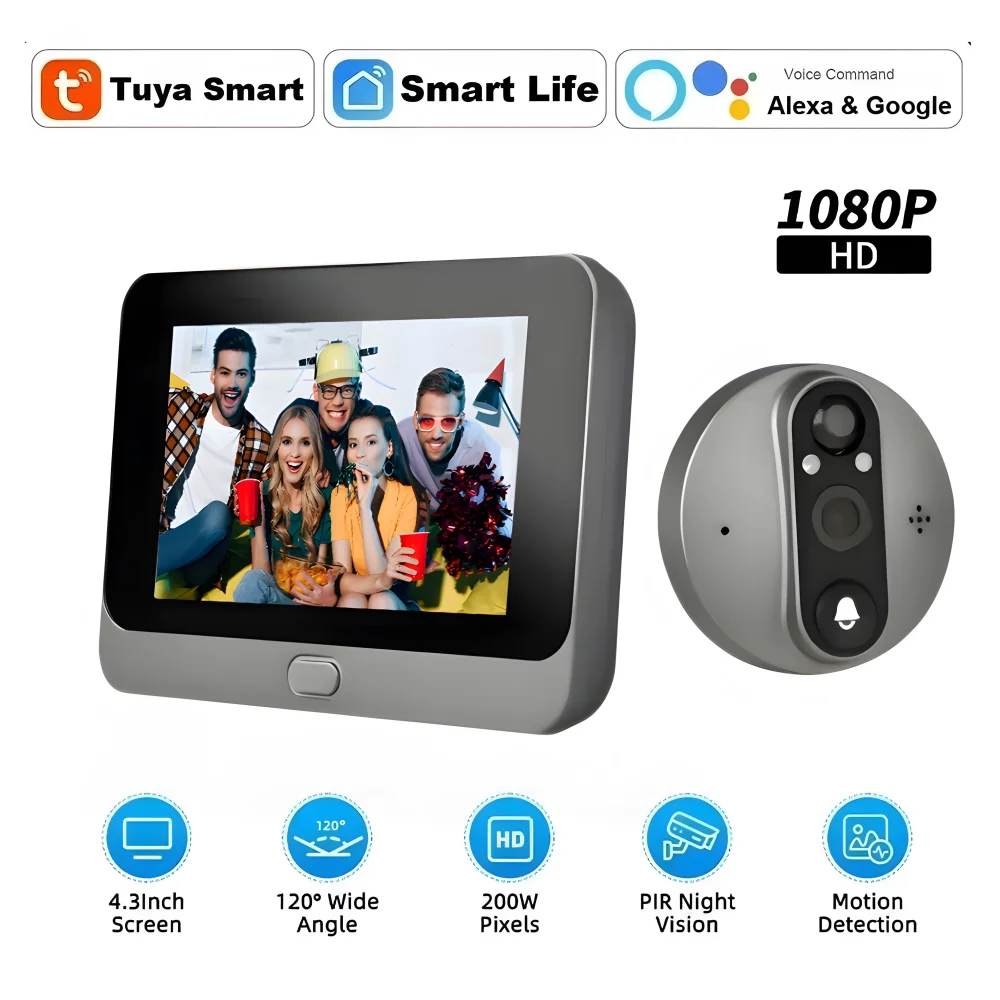 

4.3 Inch WIFI Peephole Digital Door Viewer Camera Tuya Smart 1080P Night Vision Wireless Video Doorbell Work with Google Alexa