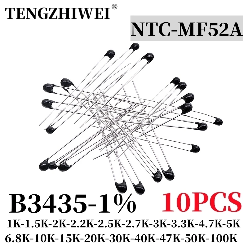 10PCS NTC Thermistor Thermal Resistor MF52 NTC-MF52AT 1K 1.5K 2K 2.2K 2.7K 3K 3.3K 4.7K 5K 10K 15K 20K 40K 50K 100K B3435 1%