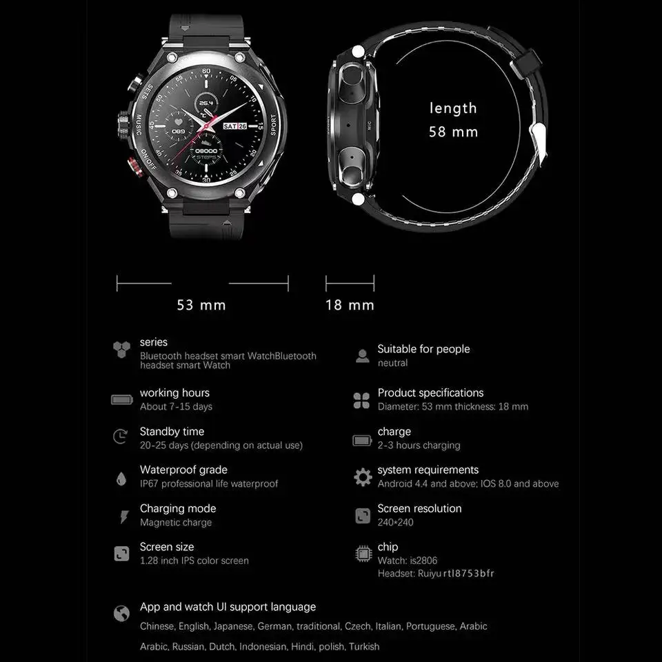 2023 ο T92 Ʈ ġ  2 1 TWS  ̾ 1.28 ġ ɹڼ    Smartwatch