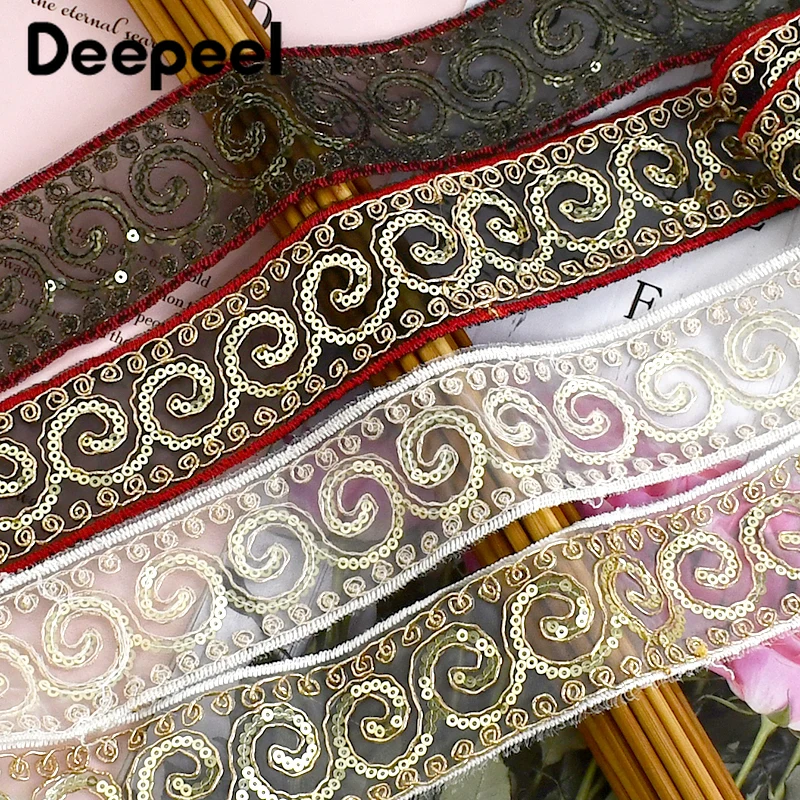 Deepeel 에스닉 자수 리본, 할로우 메쉬 스팽글 레이스, 원단 의류 장식, 웨빙 트림, DIY 바느질 액세서리, 2 야드, 5 야드, 47mm