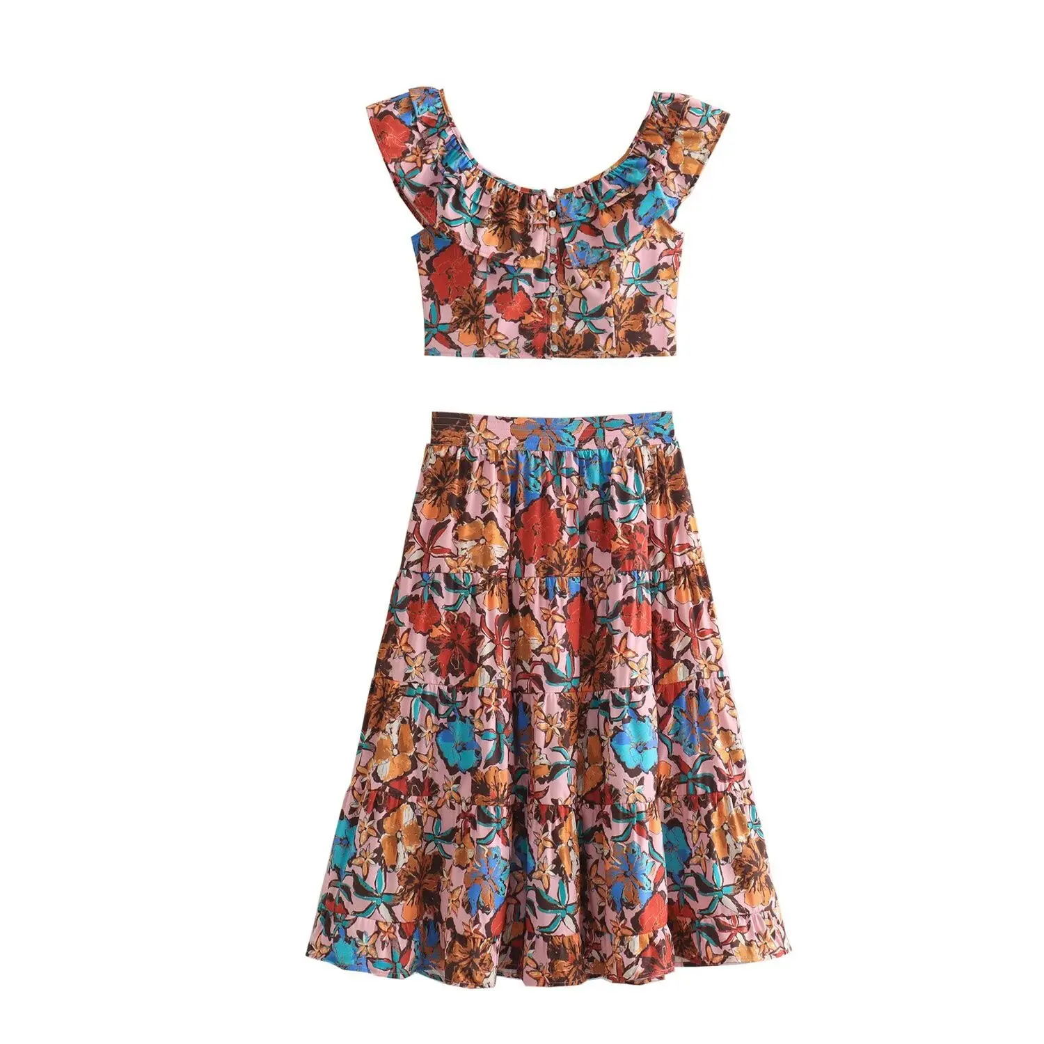 Summer Boho Camisole Skirt Set Chic Women's Casual 2 Piece Skirt Set Women's Beach Holiday Floral Print Midi Suit
