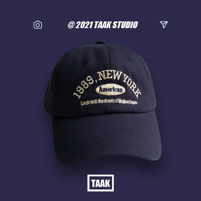 1989 American Retro Men's And Women's Baseball Caps Street Lettered Embroidery Retro Flat Caps Solid Black And White Hip Hop Cap Navy Blue
