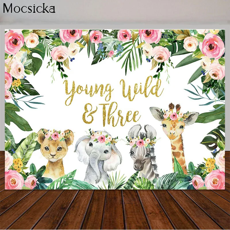 Safari Wild Three Birthday Backdrop - 150x90 Cm Cartoon Jungle Animal Poster For 3rd Birthday Party & Photo Booth