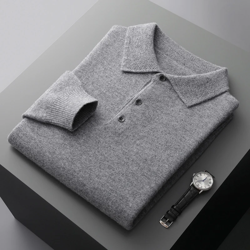 100% Pure Wool Jacket Men's POLO Collar Pullover 2022 Spring and Autumn New Knitted Top Casual Loose Large Size Men's Shirts 4
