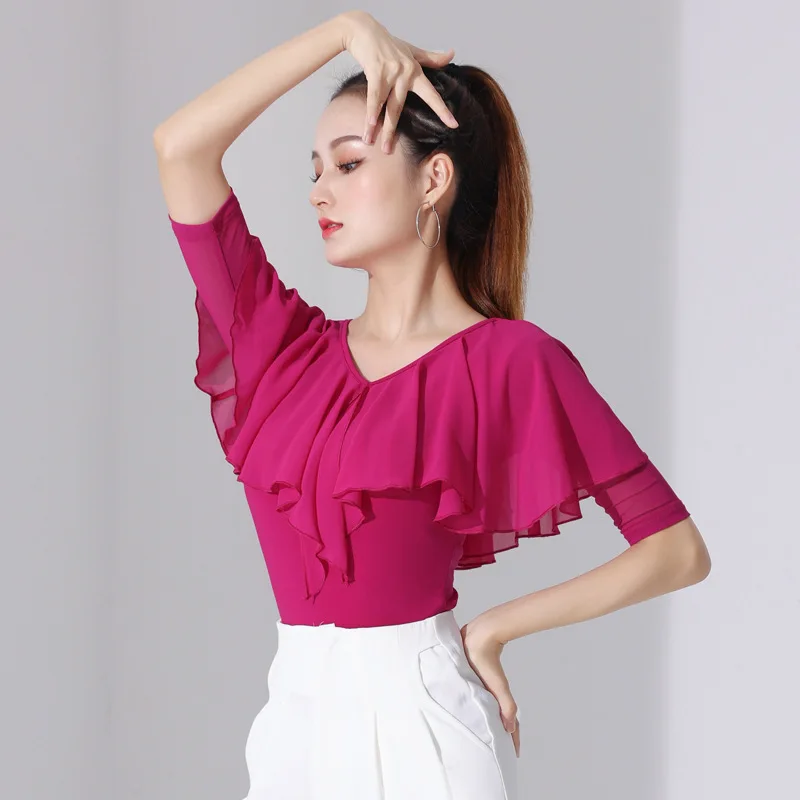 Girl Dance Costume Adult Women International Ballroom Costume Modern Latin Dance Top Lady Sexy V-neck Mesh Sleeve Fabric Girls Dancewear