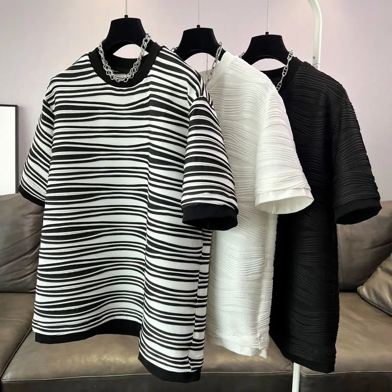 

2023 Summer Women T Shirts O Round Neck Loose Tops Female Short Sleeve Black White Tees Lady 3D Bright Line tShirts