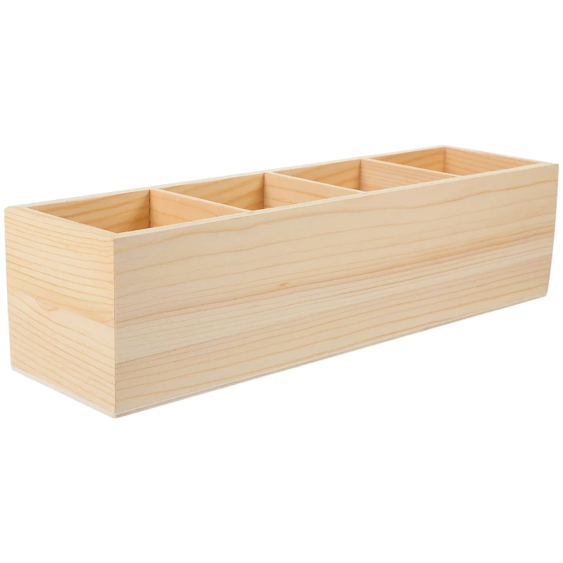 Wood Pencil Holder Desk Remote Control Holder Desktop Storage 4 Compartments Multi-Functional Desk Organizer Pen Pencil Office