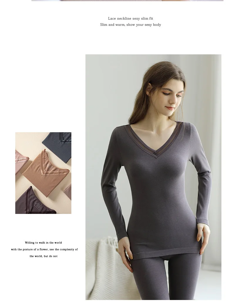 Autumn clothes and autumn pants,medium thick V-neck acrylic heating silk thermal underwear set, wearing a slim undershirt