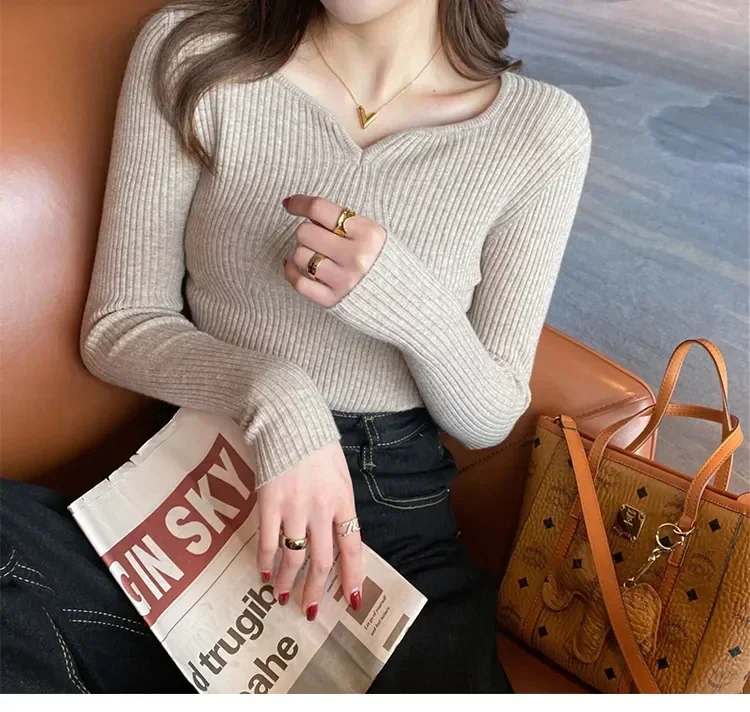 Women Slim V-Neck Bottoming Sweater Autumn Winter For Women Casual Pullovers Long Sleeve Knit Warm Office Sweater