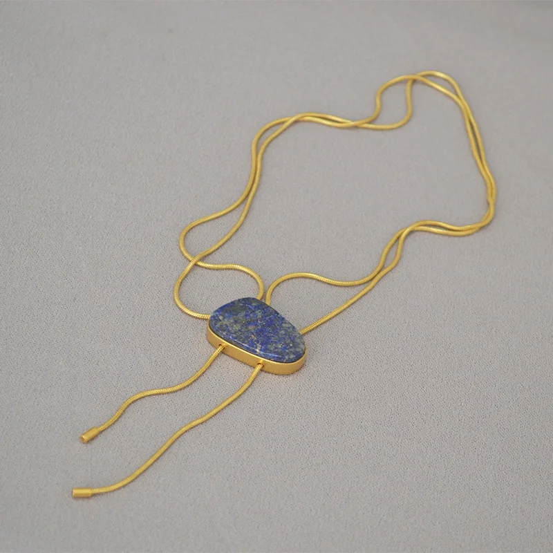 

Brass gilded simple geometric stone lapis lazuli long necklace sweater chain length adjustable for women
