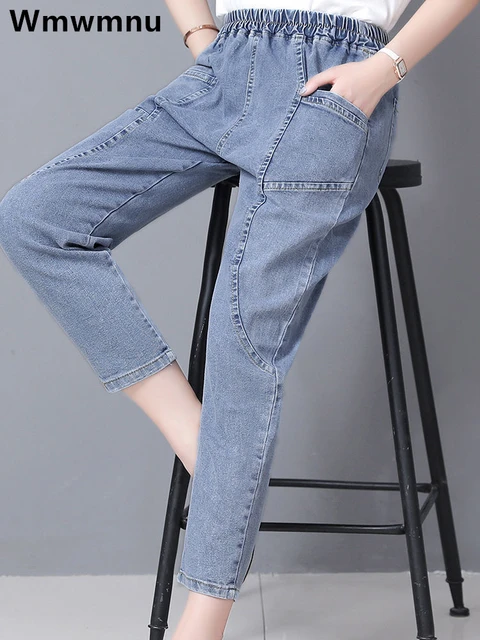 Women Plus Size 4xl Casual Denim Ankle-length Pants Vintage Mom Baggy Vaqueros Elastic High Waist Spring Summer Harem Jeans 1