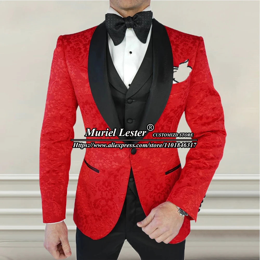 

Elegant Red Suis Slim Fit Groom Men Wedding Tuxedo Tailore Made Black Peaked Laple Jacquard Blazer Vest Pants 3 Pieces Clothing