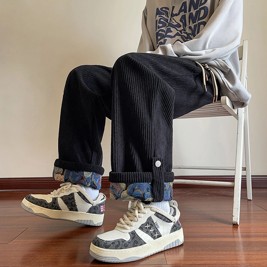 Corduroy Pants Men Warm Autumn Winter Fleece Sweatpants Male Fashion Casual Straight Pants