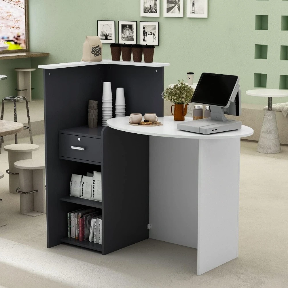 L-Shape Laminate Reception Desk Black Bohemian Eclectic Urban L-Shape Matte Drawers