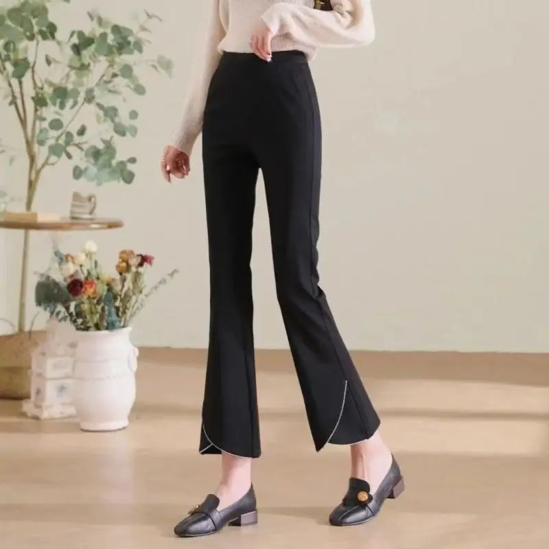 Autumn Winter New Solid Color High Waist Pearl Decoration Spliced Casual Flare Fashion Simplicity Slim Appear Thin Women's Pants contemporary youth daily simplicity cool cover vintage hardcover notebook diary pad creative office decoration stationery