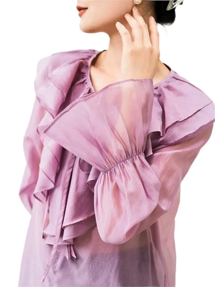 

2024 New Fashion Sexy Lotus Collar Full Sleeve Blouses Casual Women's Shirt Summer Lyocell Solid Top Office Lady Tops 5XL Roupas