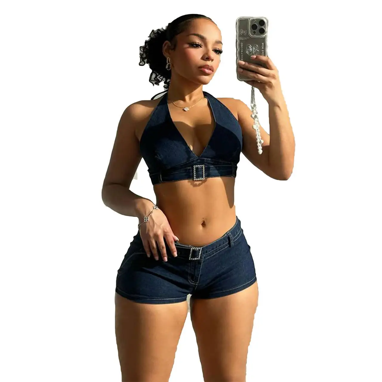 Denim Neck Hanging Elastic Shorts Set, Buttock Bag, Hot Selling, New