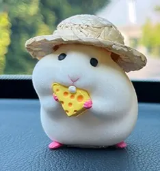 Adorable Straw Hat Hamster Car Dashboard Ornament (Beige)