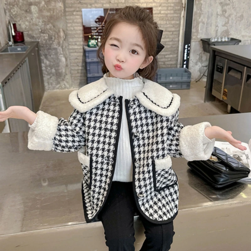 Girls Woolen Coat Jacket Windbreak 2023 Houndstooth Warm Thicken Winter Cotton Overcoat Plus Size Children's Clothing