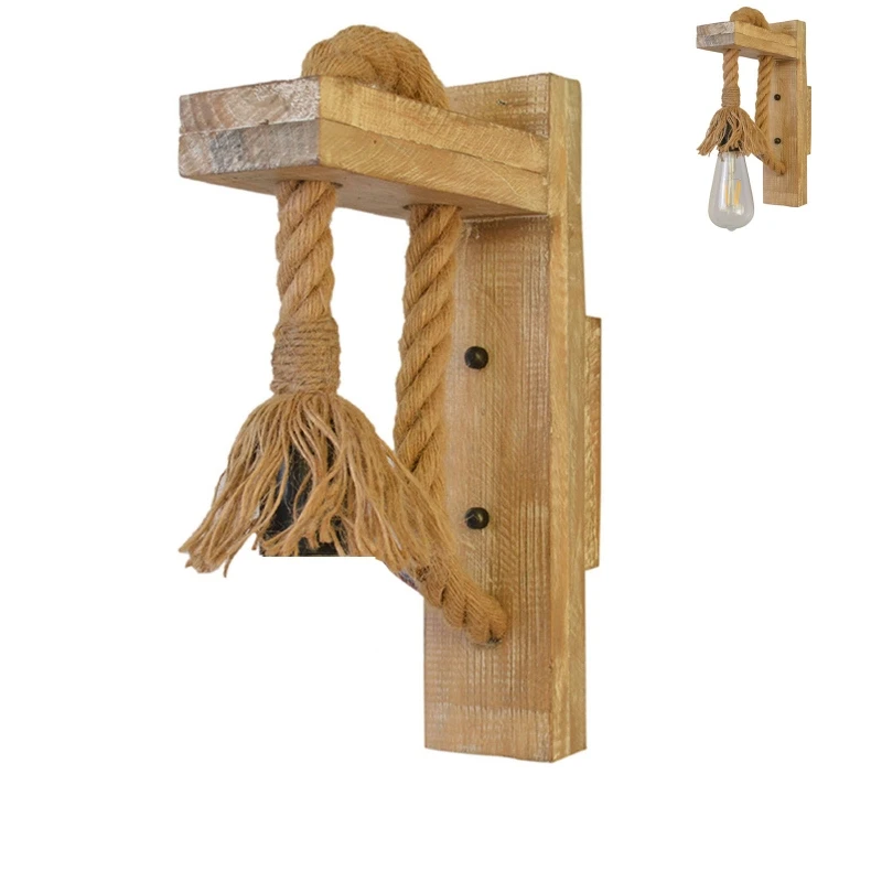 

2022 New E27 American Style Pastoral Hemp Rope Vintage Wooden Wall Lamp(Without Bulb)