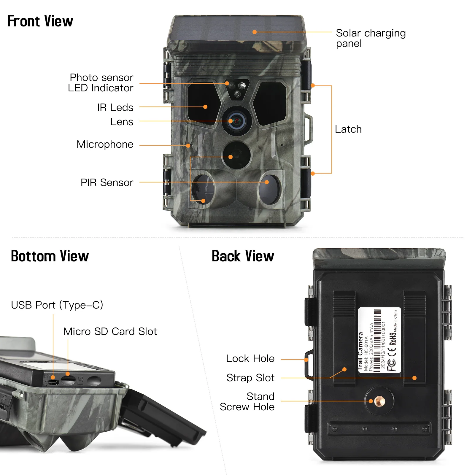 4K 50MP Solar Trail Camera 120&deg; Detection Angle Game Camera Night Vision IP65 Waterproof Hunting for Wildlife Monitoring