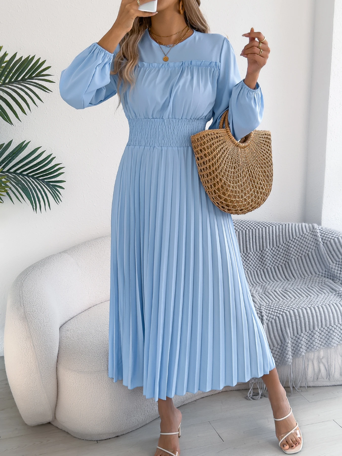 Women Autumn Winter Maxi Dress Khaki Green Blue