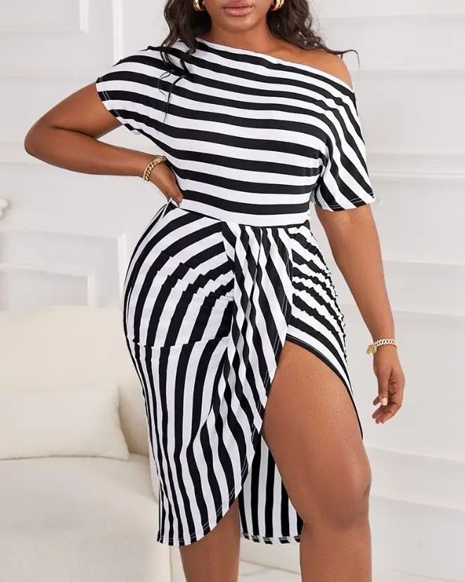 

Women's Casual Dress 2024 Spring Summer Latest Commuter Striped Print Ruched Slit Midi Dress Sketch Neck Short Sleeve Maxi Skirt