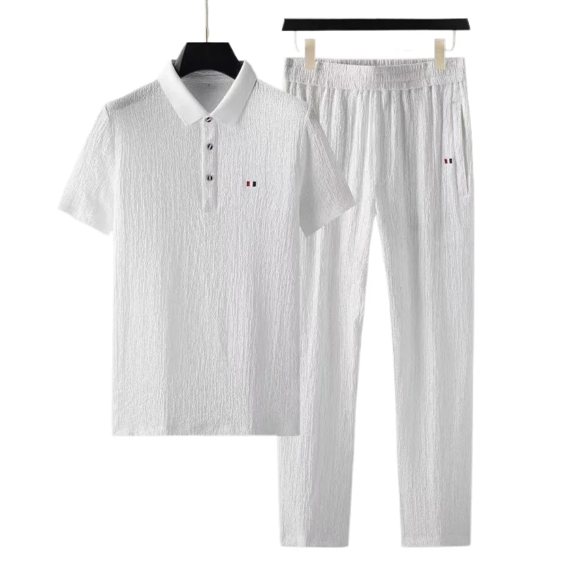 Foreign Trade 2024 Summer Thin Ice Silk Short Sleeved Set for Men's Casual Lapel T-shirt, Cropped Pants, Sports Two-piece Set 2