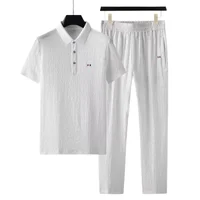 Foreign Trade 2024 Summer Thin Ice Silk Short Sleeved Set for Men's Casual Lapel T-shirt, Cropped Pants, Sports Two-piece Set 2
