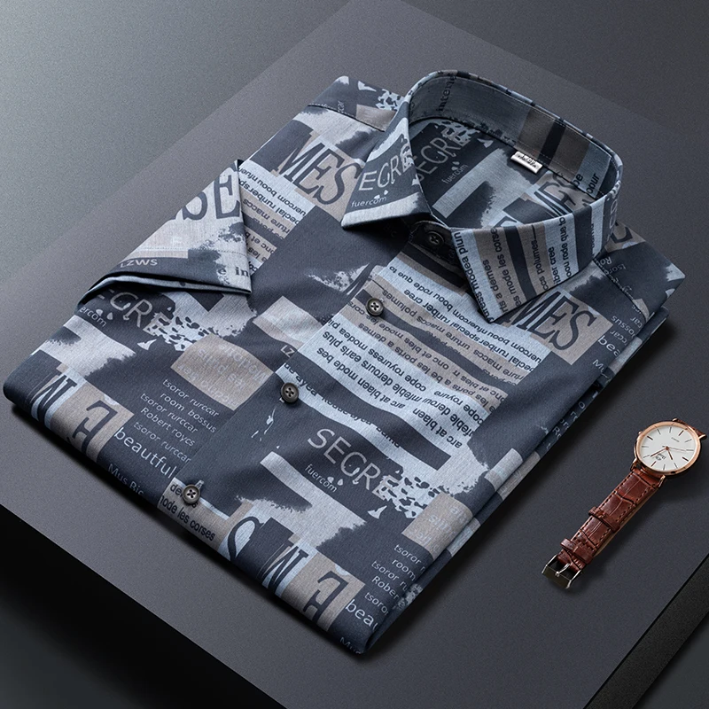 Summer New Men Short Sleeve Stretch Bamboo Fiber Dress Shirts Printed Soft Fashion Social Thin Smart Casual Shirt For Men