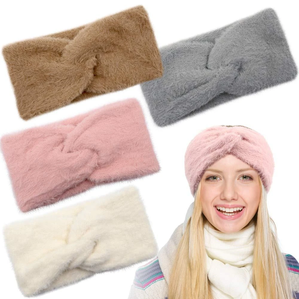 

New Winter Warm Plush Headbands For Women Ear Warmer Cross Headbands Solid Color Soft Stretch Hairbands Turbans Hair Accessories