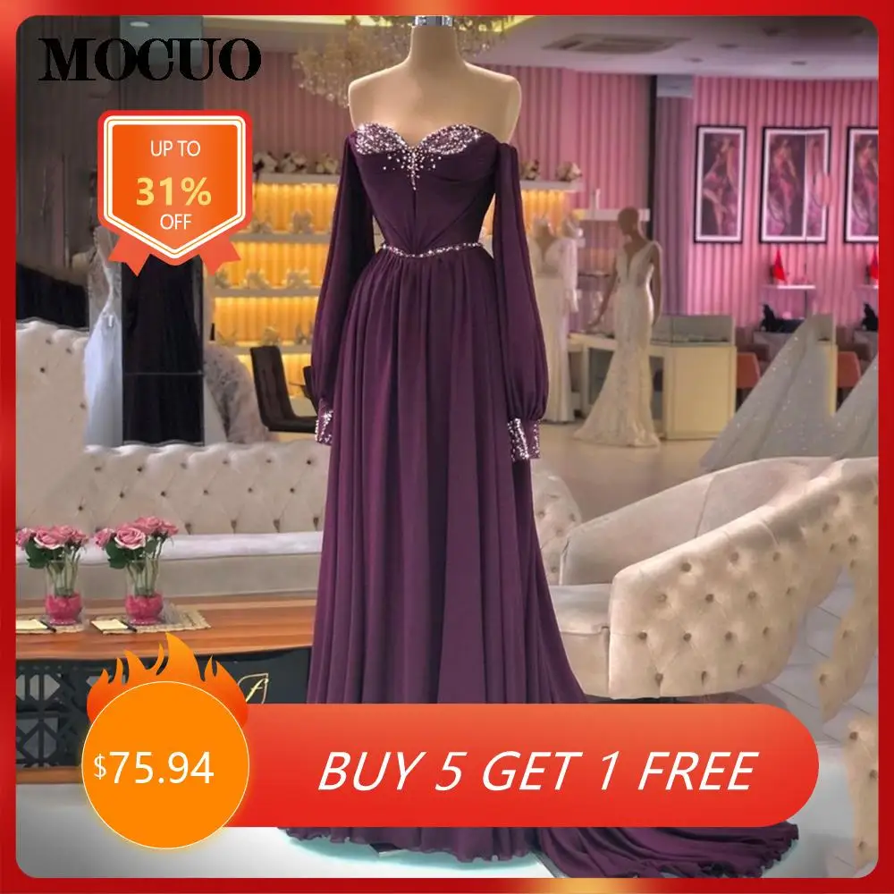 

Chic A-line Prom Dress Sweetheart Long Puffy Sleeves Beading Chiffon Evening Dress Lace-Up Long Party Dress 2022 Robe de bal