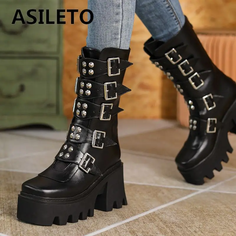 

ASILETO Gothic Women Boots Square Toe Block Heels 9cm Platform 5cm Zipper Rivets Metal Decor Plus Size 43 44 Punk Street Bota